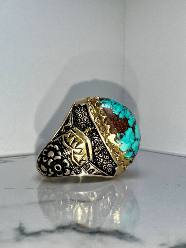 فیروزه شجر کهنه و قدیمی، رگه عنکبوتی، مغز سنگ ، ذات سنگ چاهی، سیاه سنگ تراش دامله کامل